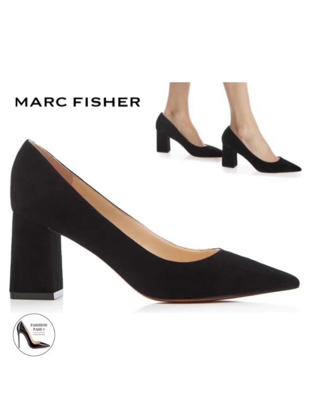 MARC FISHER Zala Black Suede Classic Pointed Toe Medium Block Heel Pumps 9